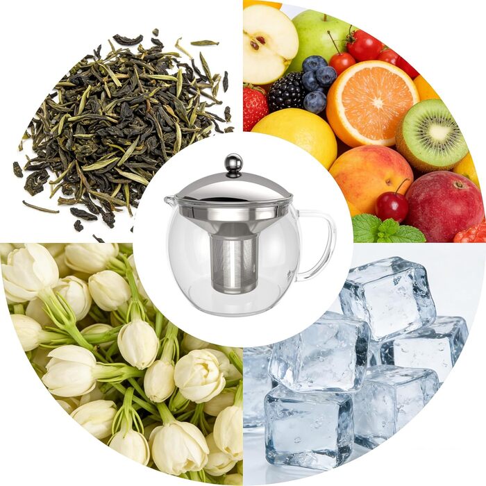 Скляний чайник Teekanne 1,5 л з ситом із нержавіючої сталі та кришкою, заварник із боросилікатного скла для листового чаю, сріблястий