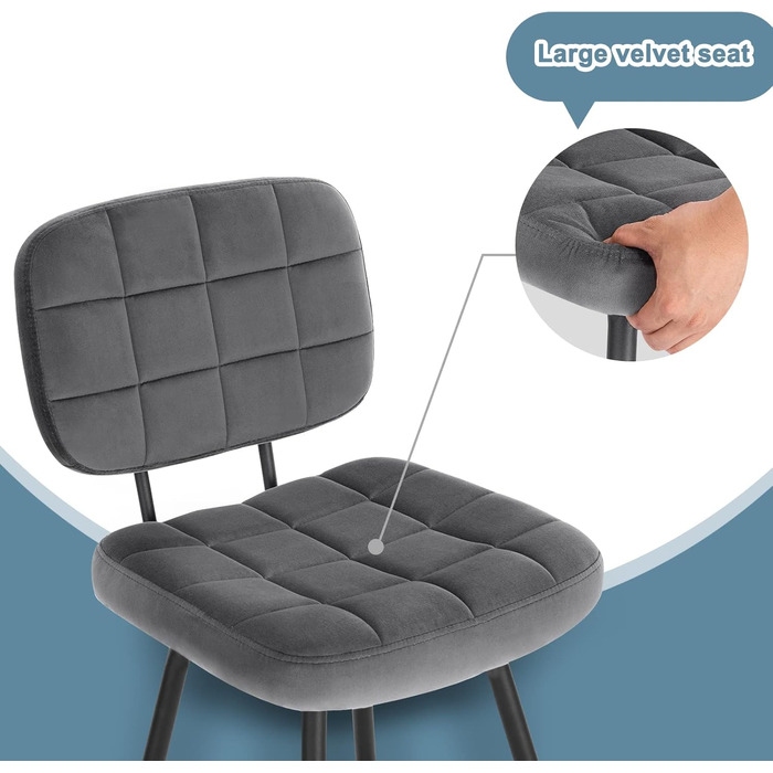 EUGAD Velvet & Metal Bar Stools 2-Pack - Padded Kitchen Counter Stools with Footrest & Backrest - Dark Gray