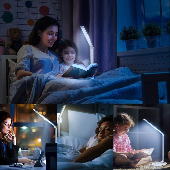 LED лампа настільна диммируемая 560LM з 5 режимами кольору та 10 рівнями яскравості, нічник, USB-порт, функція пам'яті та таймер, 10W - біла (адаптер 20W - срібний)