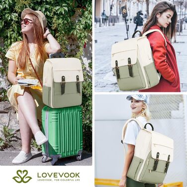 LOVEVOOK Рюкзак для жінок, рюкзак для ноутбука 15.6 дюймів, водонепроникний, для роботи, навчання, подорожей, стильний, бежевий, зелений