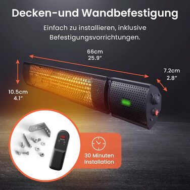 Інфрачервовий обігрівач Pro Breeze для тераси 2000W - електричний настінний обігрівач з пультом керування та 3 рівнями нагріву, IP65, вологозахист, чорний