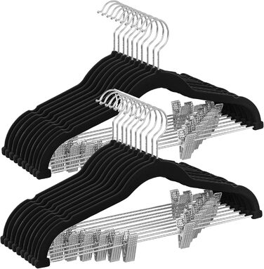 SONGMICS Velvet Clothes Hangers, 20-Piece Set, Skirt Hanger, 42.5 cm wide, with adjustable clips, non-slip, space-saving, for trousers, coats, dresses, black CRF012B20