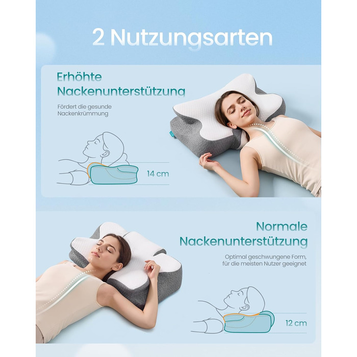 Подушка SONGMICS ергономічна з Memory Foam, висота регулюється, для сну на боці, спині та животі, колір: білий + сірий, поліестер
