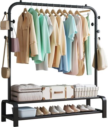 Clothes Rack, Coat Rack Stable Clothes Rail with 6 Hooks and 2 Shoe Shelf Storage Shelf, Bedroom Clothes Rack Freestanding Clothes Rail, Black