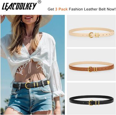 LEACOOLKEY 3 шт. жіночі шкіряні тонкі ремені для джинсів та суконь. В'язані ремені з золотистою та сріблястою пряжкою (100см). Розмір талії 66см-76см, (110см) Розмір талії 77см-91см, B-чорний+коричневий+бежевий (старовинне золото)