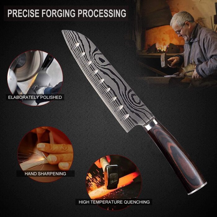 Японський ніж Santoku AIRENA, 7 дюймів (17.8 см), професійний кухонний ніж з високоякісної сталі D2, ергономічна ручка, для дому та кухні