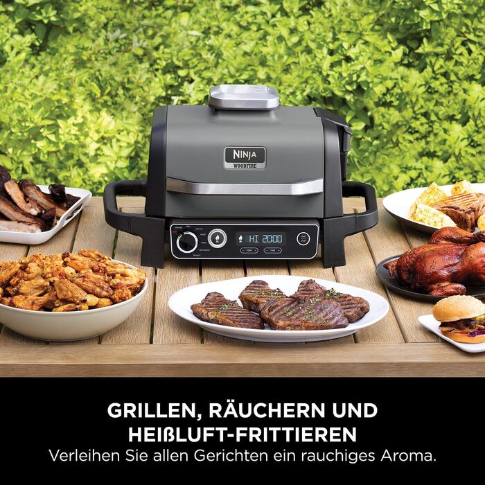 Ninja Woodfire Electric Grill with Smoker & Air Fryer - 7-in-1 Outdoor BBQ Grill - Weatherproof, Non-Stick, Portable - Grey/Black OG701EU