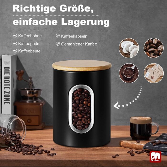 Герметична кавова банка Gmisun, 500г / 1,5л: для кавових зерен, меленої кави, капсул та паді, чорного кольору