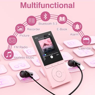 MP3 плеєр 64GB Bluetooth 5.3 з динаміком, HiFi звук, запис голосу, E-book, рожевий. Підтримка TF карти 128GB для спорту