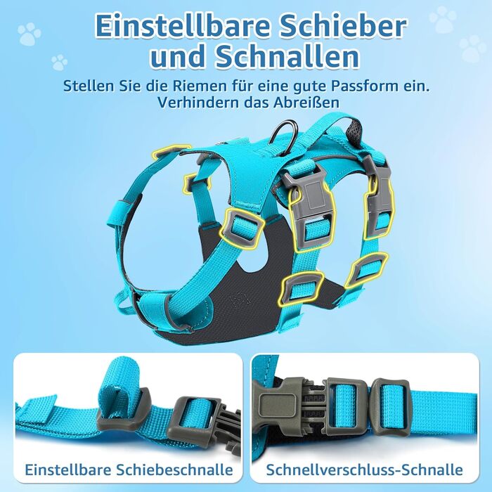 Нашийник для собак маленьких та середніх порід, не тягне, дихаючий, з ручкою, світловідбиваючий, нейлон, для прогулянок та повсякденного використання (Блакитний, L/XL)