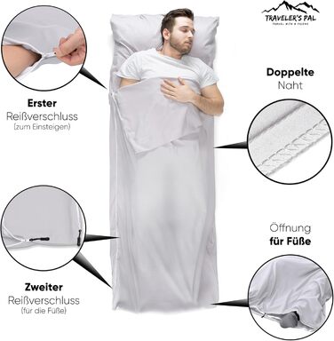 Traveler's Pal Hüttenschlafsack made from 100% Duraweave - Sleeping bag with side and foot zipper - Lightweight and thin liner summer sleeping bag, breathable and skin-friendly