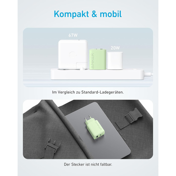 Зарядний пристрій Anker 20W USB-C, адаптер живлення для iPad, швидка зарядка, сумісний з iPhone 17/16/15, кабель USB-C (150 см), зелений