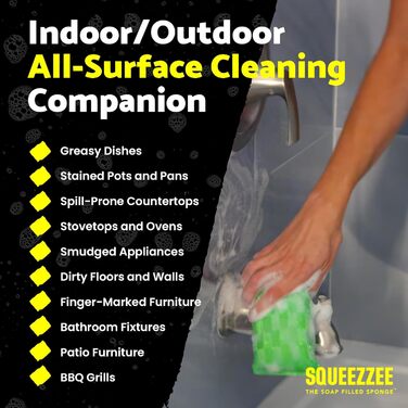 Squeezzee Soap-Filled Sponges – Scratch-Resistant Scrub Sponge with Built-in Dish Soap – Double-Sided Kitchen and Household Cleaning Sponges – Up to 300 Washes Per Sponge – 6 Pack