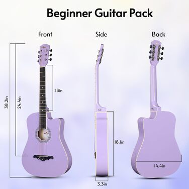 Акустична гітара ADM 38 дюймів для початківців: повний стартовий набір з онлайн-уроками, кейс, ремінь, медіатор, каподастр та підставка