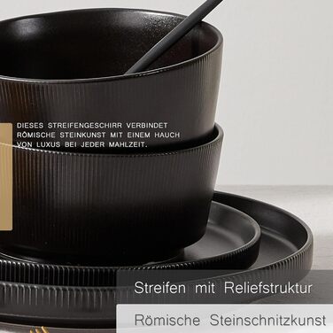 Набір посуду Jiwoo на 4 особи (12 предметів): тарілки, миски, десертні тарілки, Bone China, чорний матовий, для мікрохвильовки та посудомийної машини