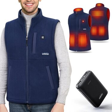 UNBON Гріюча жилетка з флісу, чоловіча жилетка з підігрівом, жилетка з Powerbank 10000mAh USB, 3 режими нагріву, 6 зон нагріву (XXL, Синій)