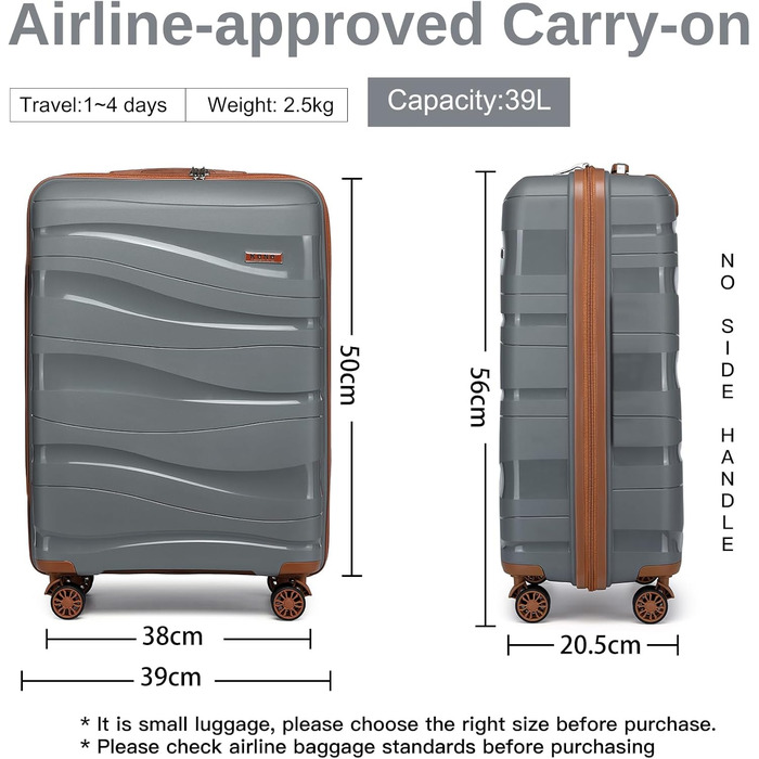 KONO Чемодан середнього розміру 65 см з поліпропілену, з TSA замком, 65x46x26.5 см (Крем-білий) (Сіро-коричневий), ручна поклажа