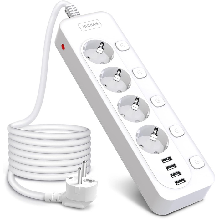 Мережевий фільтр перенапруги HUNIAN з 4 розетками та 4 USB, 4000W/16A, індивідуальне вмикання, захист від дітей, 2 м кабелю