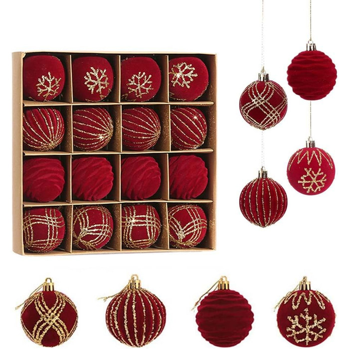 16 штучних новорічних кулі червоного кольору, 6 см, для прикраси ялинки. Набір міцних пластикових кулішок з гачками для ялинки. Новорічний декор для ялинки.