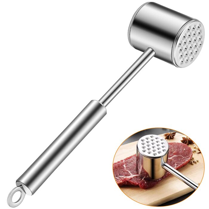 Молоток для м'яса з нержавіючої сталі 304 з гачком, двосторонній багатофункціональний відбійник для стейків, курки та свинини, 22 см, сріблястий