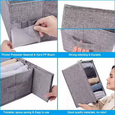 4 Piece Closet Clothes Organizer with Support Board, Foldable Jeans Organizer for Drawers, Washable Compartments, Closet Organizer and Storage Baskets for Jeans, 5 + 7 Grids, Grey (4 x 5 Compartments)