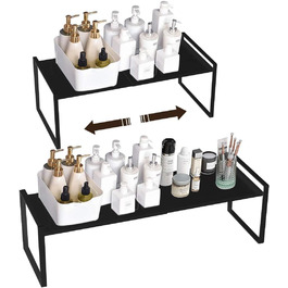 KZOBYD Expandable Kitchen Shelf, Foldable Kitchen Cabinet Shelf Spice Rack Organizer for Dishes and Supplies Stackable Kitchen Storage Organizer for Extra Storage Space (White, ) (Black, M)