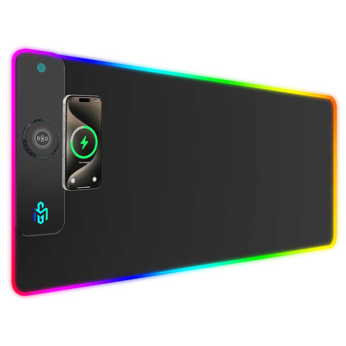 Ігровий килимок для миші RGB з бездротовою зарядкою Qi 15W, 800x350x4мм, 10 режимів підсвічування, швидка зарядка 10W для iPhone та навушників, водонепроникний, протиковзаючий (Чорний-Max)