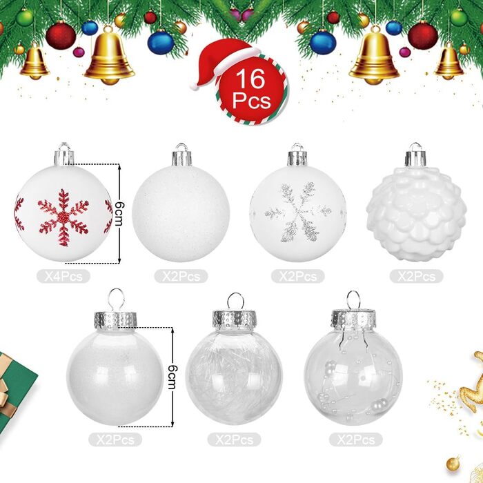 Набір прикрас на ялинку 16 шт. Кульки з пластику 6 см, розписані, для ялинки, набір, декорації (білий)