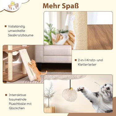 Кігтеточка для котів COSTWAY 168 см, дерев'яна, багатоярусна з будиночком, драбиною, лежаками та іграшками, бежево-коричнева