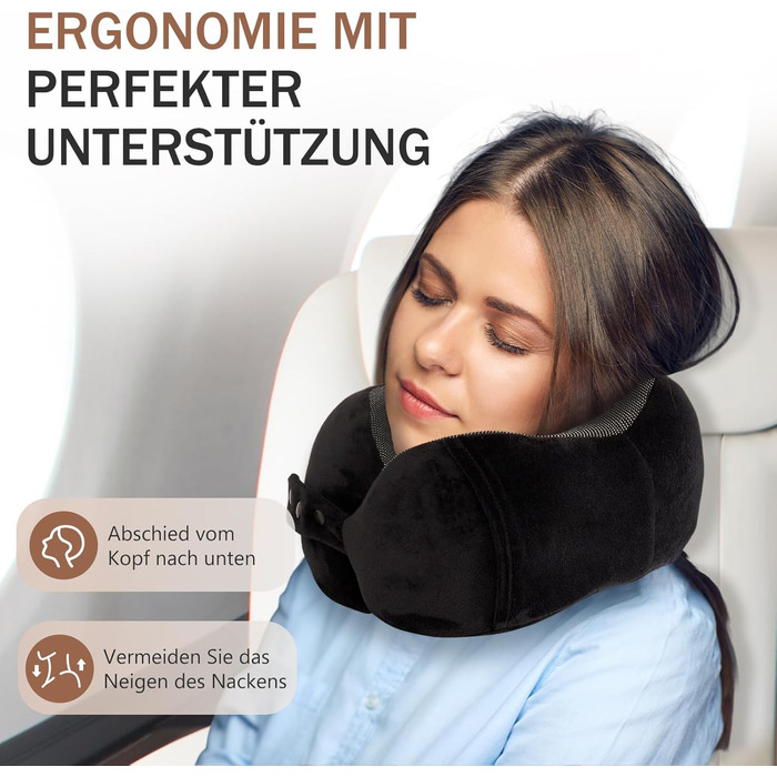 Подушка для шиї у літак, доросла, з піною з пам'яті, регульована, з маскою для сну та берушами, чорна