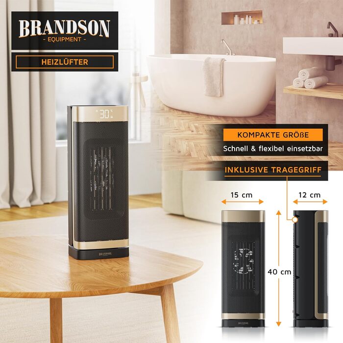 Керамічний обігрівач Brandson з пультом керування, тихий, енергозберігаючий, з осциляцією, дитячий захист, таймер, 2 режими, ECO режим, 2000 Вт - для ванної, вітальні, офісу, дитячої кімнати