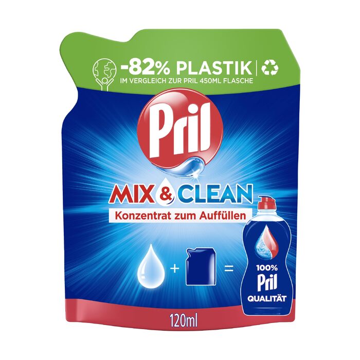 Концентрат для наповнення засобу для миття посуду PRIL Mix & Clean, висока розчинна здатність жиру, для холодної води, свіжий аромат, 9 x 120 мл