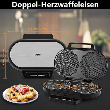 Heart-Shaped Waffle Maker - YASHE SW-2122M - Double Waffle Plates, Non-Stick Coating, Adjustable Temperature, 1200W