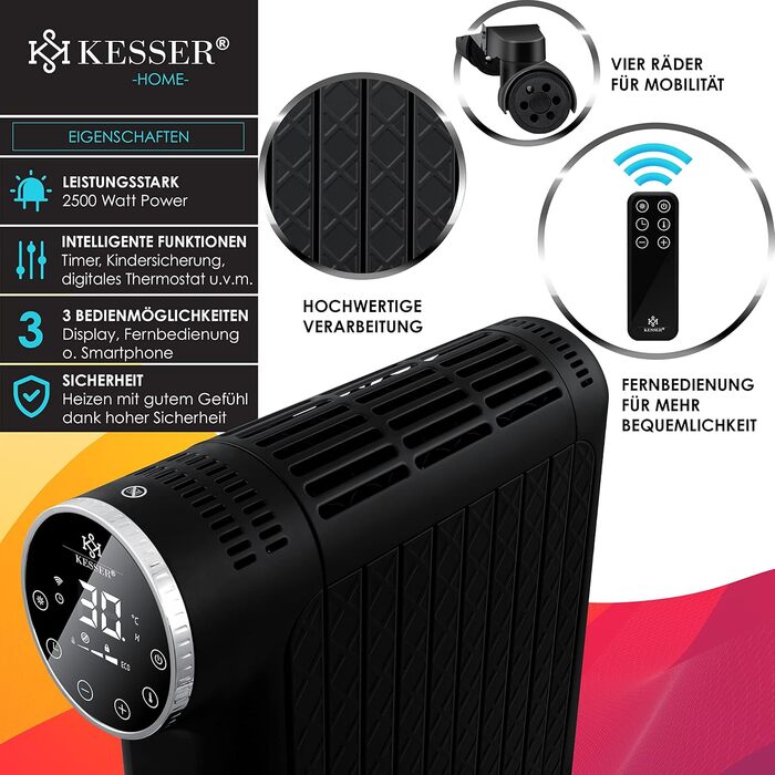 Електричний масляний радіатор KESSER 2500W з WiFi, дисплеєм, термостатом, таймером, сенсорним управлінням і захистом від перегріву, чорний