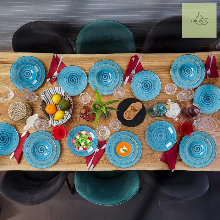 Посуд Porzellan Tafelservice 24 предмети, турецький блакитний (Blue Lagoon): набір тарілок та мисок для 6 осіб, ручна робота, стійкий до подряпин