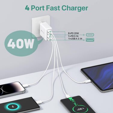 Блок зарядки USB C 40W 4-портовий, Швидка зарядка PD+QC, Багатопортовий для iPhone/Samsung/Tablet, Білий (2 шт. в упаковці)