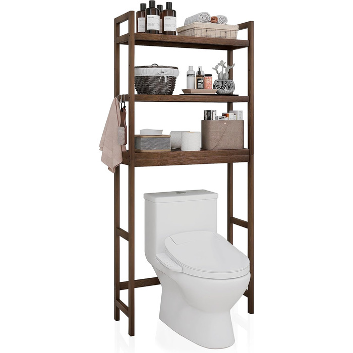 SMIBUY Toilet Shelf, Bamboo Toilet Rack, Adjustable Washing Machine Shelf, Bathroom Shelf with 3 Storage Shelves, Space-Saving, Easy to Assemble (Walnut)
