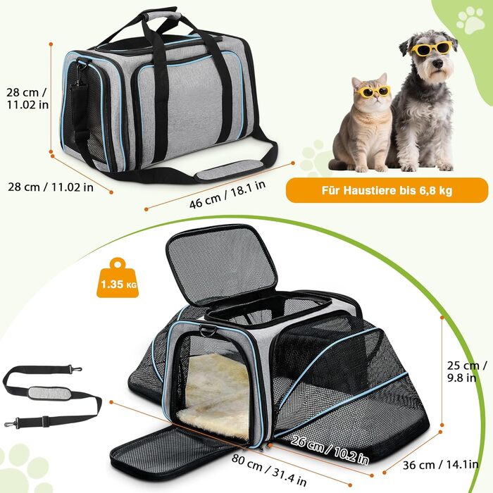 Розширювана переноска для котів та маленьких собак ALLSOPETS, складана м'яка переноска для тварин з 2 бічними розширеннями, знімним килимком з флісу та кишенями (Сірий & Зелений) (Сірий & Синій)