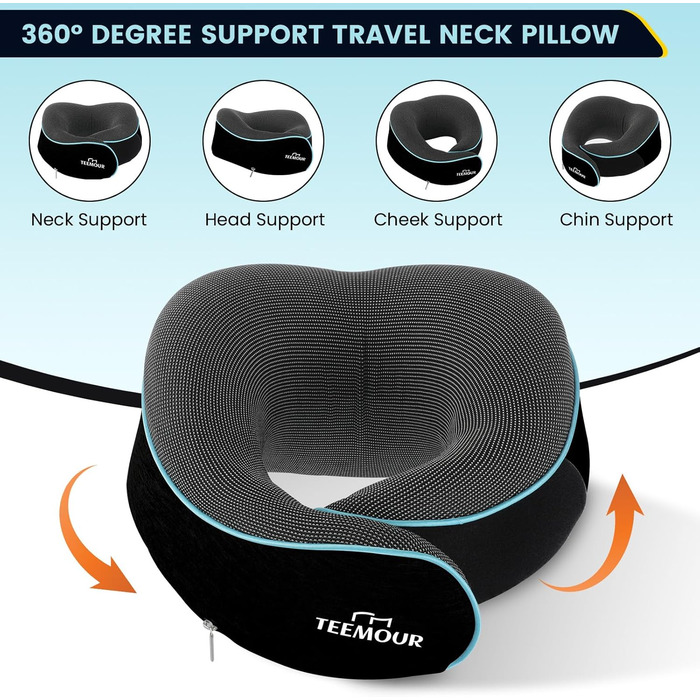 Подушка для шиї у літак з Memory Foam, 360° підтримка, з чохлом, маскою для очей та берушами, регульована подушка для подорожей (Чорний)