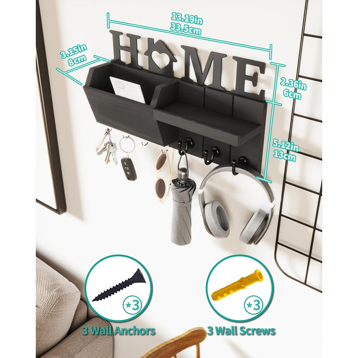 Держатель для ключів HapiRm з декором HOME, дерев'яне ключникове дошка з 7 гачками, з полицею. Підходить для входу, дверей, коридору, спальні, офісу (чорний)