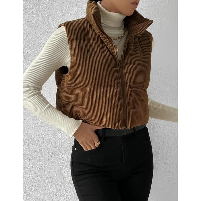Жіноча жилетка Gihuo з наповнювачем Cord, кроп-силует, комір-стійка, на блискавці, без рукавів, коричнева