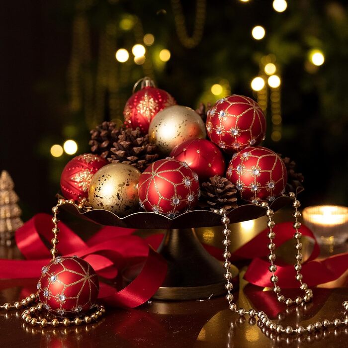 Набір новорічних кулічок для ялинки, 30 шт, 60 мм, пластик, з гачками, для прикраси ялинки, на Новий рік, весілля, свята (червоний, золотий)