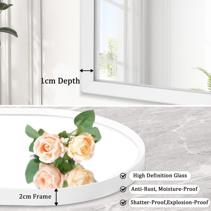 Дзеркало настінне з вигнутим дзеркалом, 45 x 65 см, металевий каркас, для ванної кімнати/вітальні/спальні (40 x 30 см, білий)