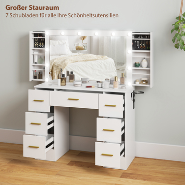 HOMCOM Vanity Table with Mirror and 12 LED Lights - Dressing Table with 7 Drawers, 6 Hidden Storage Compartments, Particleboard, White