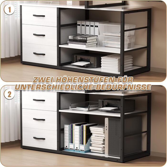 TRIUMPHKEY L-Shaped Desk with 3 Drawers & Storage - Reversible Corner Desk with USB Charging Ports & Outlets - White & Grey (140 x 105 x 75 cm)