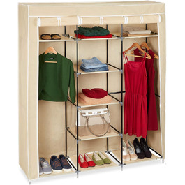 Relaxdays Fabric Clothes Closet, 9 Compartments, 2 Clothes Rails, HBT: 173 x 148 x 43 cm, Camping, Cellar, Folding Closet, Fabric, 10019122-139 (Beige)