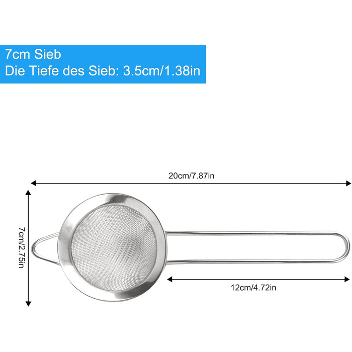 Ситечко кухонне 7 см, нержавіюча сталь, дрібна сітка, для чаю, борошна, рису, макаронів, овочів та фруктів, довговічне кухонне приладдя