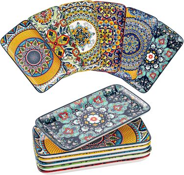 Сервіровочні тарілки HENXFEN з порцеляни, 10 дюймів, набір прямокутних тарілок для салату, закусок, сашимі, богемний квітковий дизайн у 6 яскравих кольорах