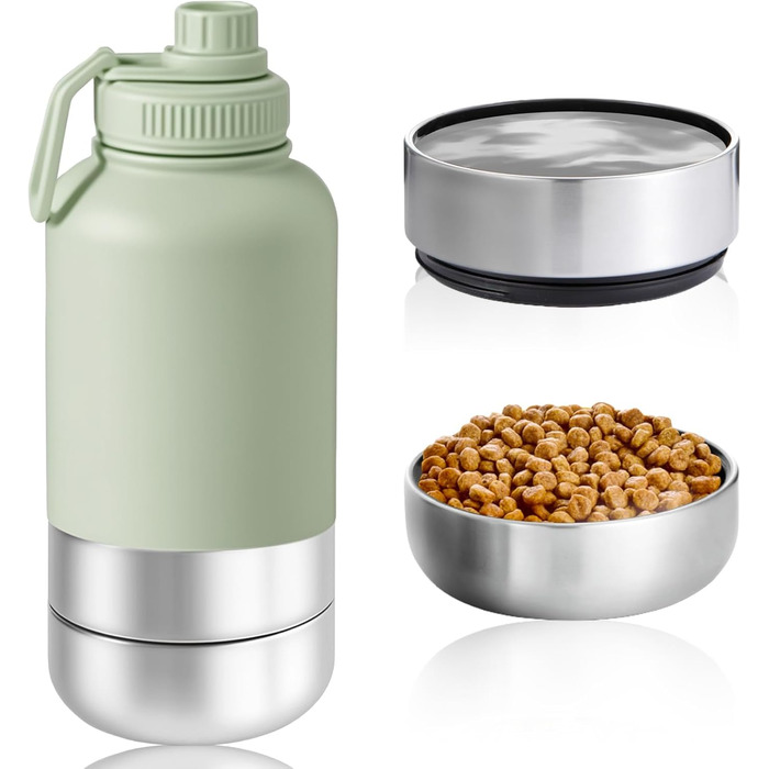 Миска для собак 3-в-1 з термоізоляцією, зелена, L | Миска, пляшка для води, годівниця для собак на винос