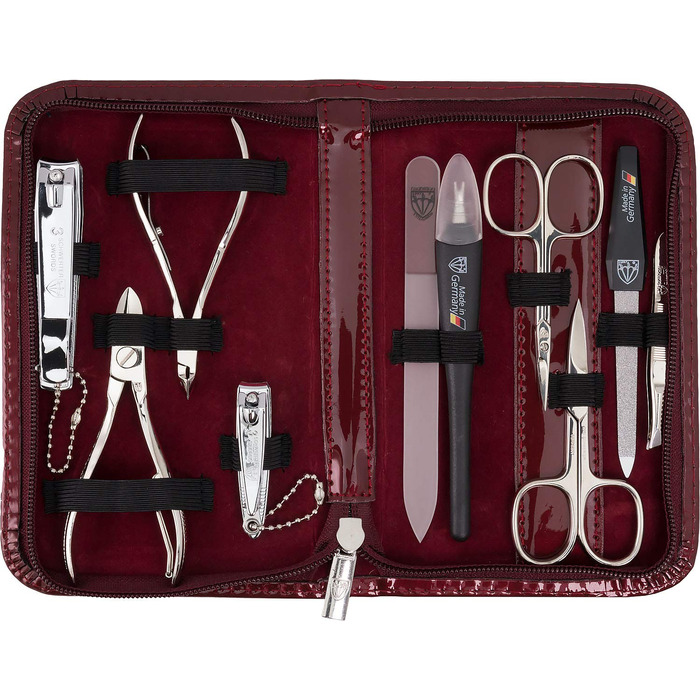 Набір для манікюру DREI SCHWERTER 'Spezia' 10 предметів | Німецький бренд | У подарунковій коробці з екошкіри | Манікюрний набір для подорожей | Вміст: ножиці для нігтів, ножиці для кутикули, щипці, склонапильник та інше (Вишневий - Екошкіра)